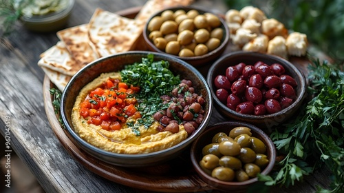 Vibrant Mediterranean Mezze Platter with Hummus Olives and Fresh Pita Bread