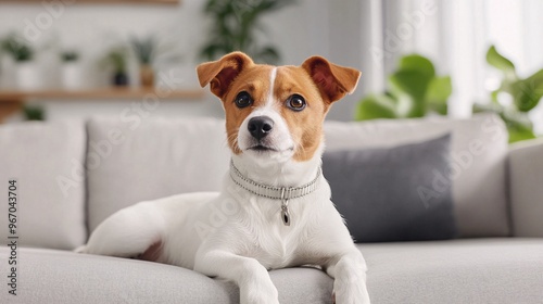 A playful brown and white dog relaxing on a cozy light gray sofa in a bright living room.