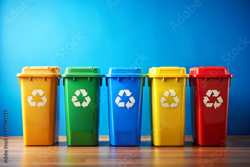 Colorful recycling bins on wooden floor with blue background. photo