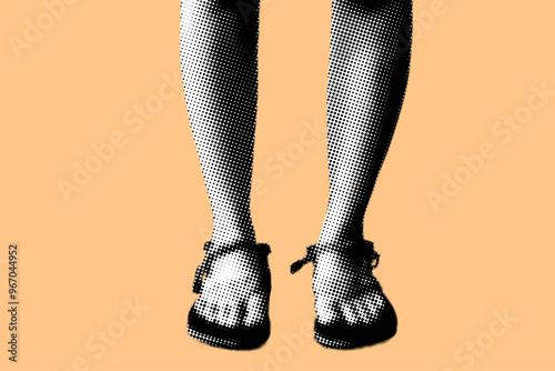 close up of standing woman's feet wearing sandals pixelate color halftone dotted texture style collage element isolated on orange background