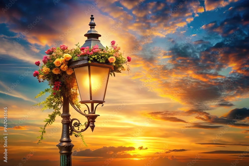 Obraz premium Vintage street lamp against sunset sky with floral elements aerial view