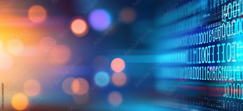 Digital technology background with binary code and blurred abstract shapes Digital technology background with binary code and blurred abstract shapes