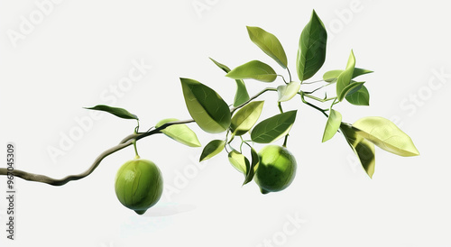 Wallpaper Mural A lemon tree branch with leaves and two lemons , against a white background, green, limes,digital art, art wallpaper Torontodigital.ca