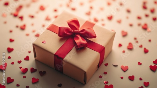 A beautifully wrapped gift box with a red bow, surrounded by small heart confetti. Focus point. No people. No logo.