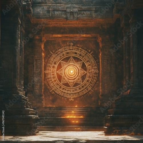 A glowing, circular symbol etched into an ancient stone gateway, bathed in warm light, suggests a passage to another realm.