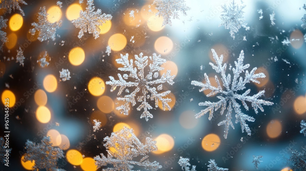 A close-up of frosty window glass with snowflakes and blurred Christmas lights in the background. Focal point. No people. No logo. A close-up of frosty window glass with snowflakes and blurred Christmas lights in the background. Focal point. No people. No logo.