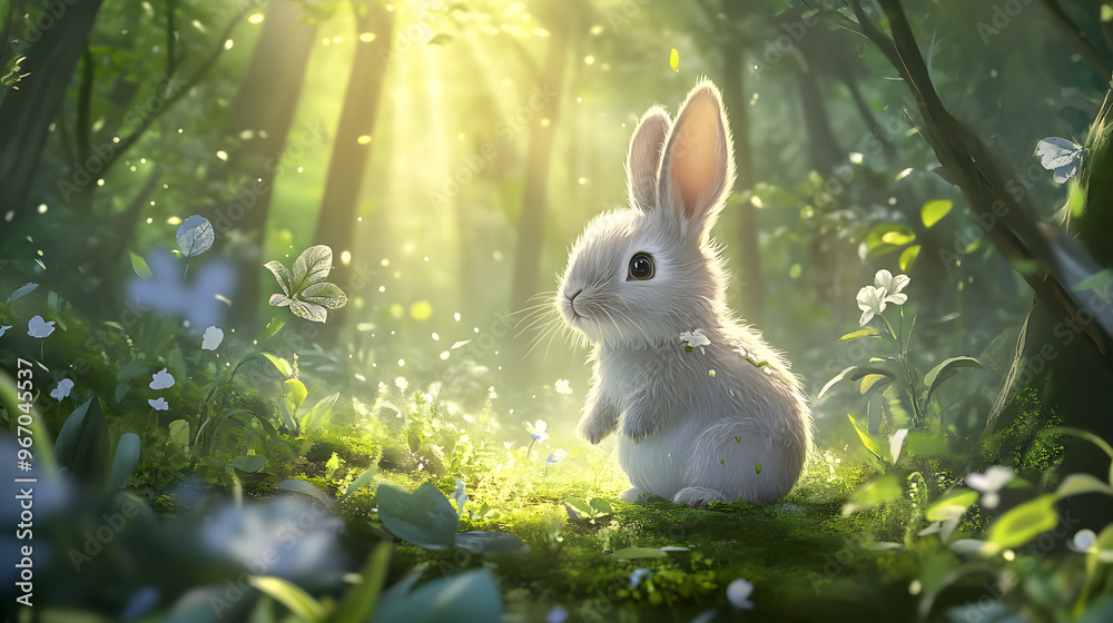 bunny exploring an enchanted forest, surrounded by mystical plants and soft, dappled light bunny exploring an enchanted forest, surrounded by mystical plants and soft, dappled light