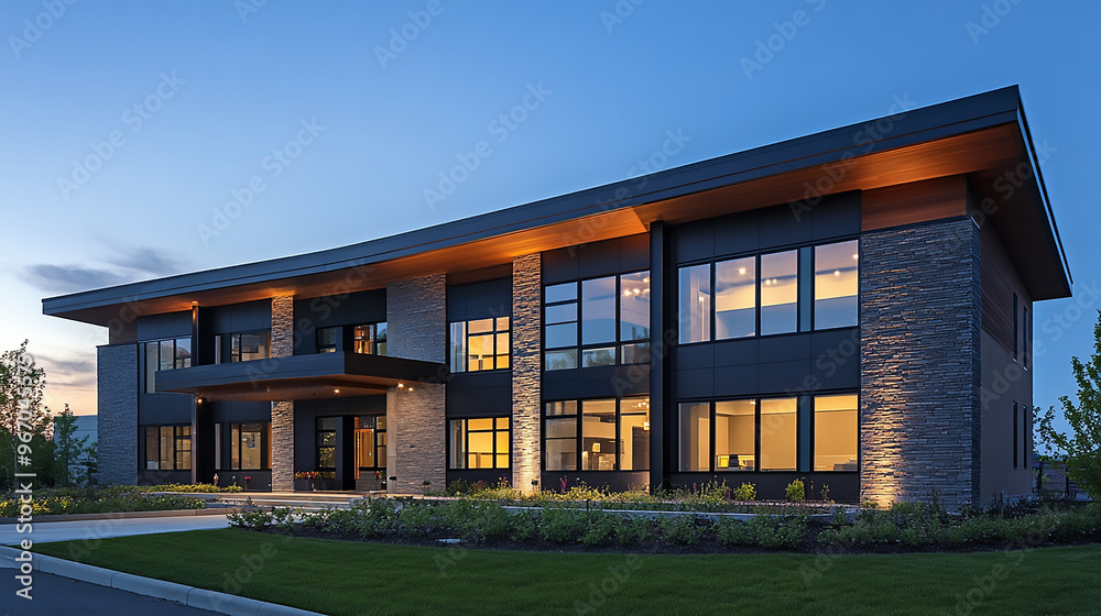 Front view of a row of modern townhouses, each with unique facades, large windows, and small landscaped front yards, capturing urban residential architecture Front view of a row of modern townhouses, each with unique facades, large windows, and small landscaped front yards, capturing urban residential architecture