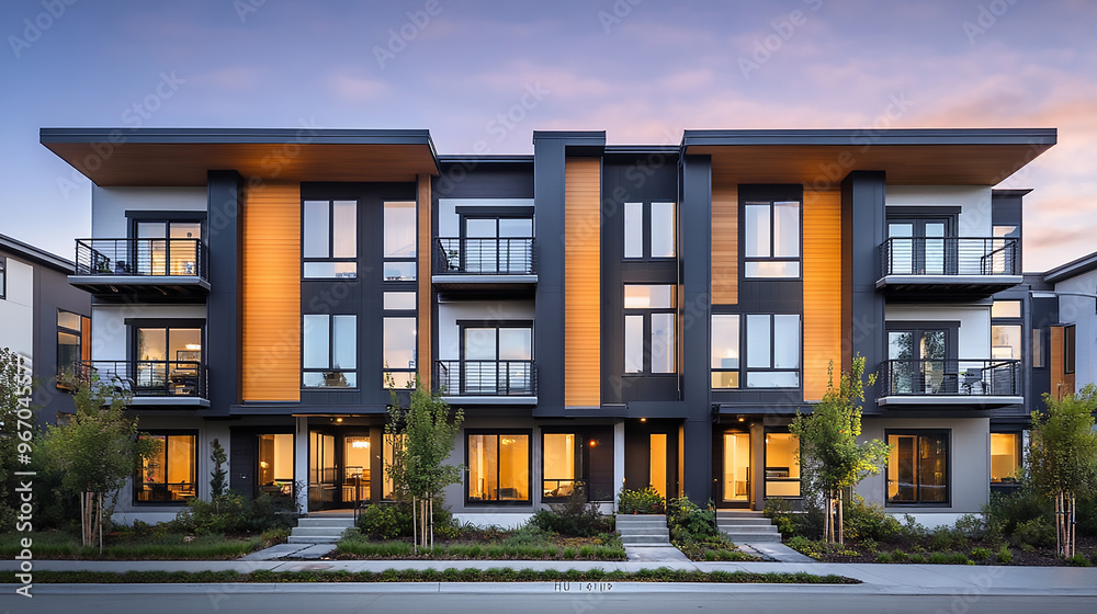 Naklejka premium Front view of a row of modern townhouses, each with unique facades, large windows, and small landscaped front yards, capturing urban residential architecture