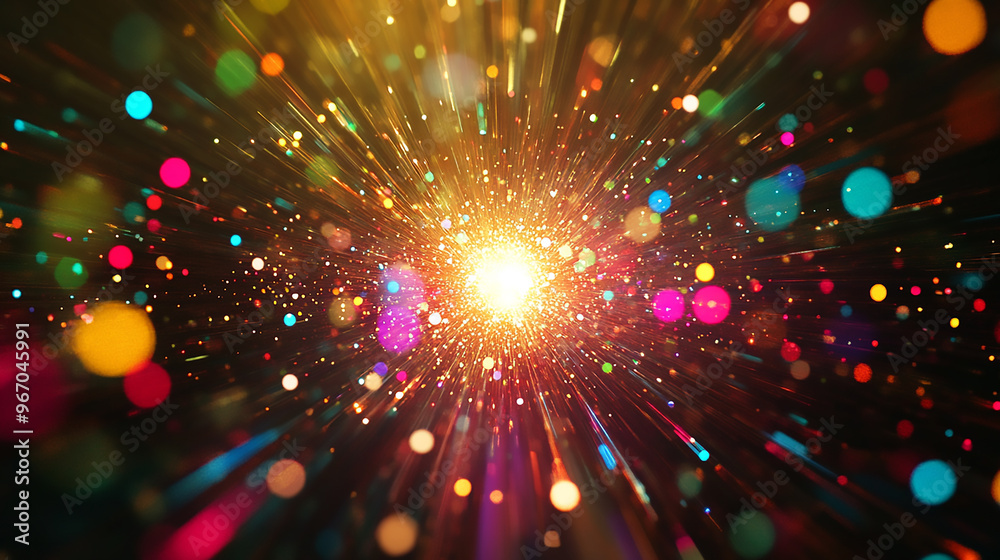 Naklejka premium Abstract burst of vibrant bokeh lights in various colors, creating a dynamic and energetic visual effect.