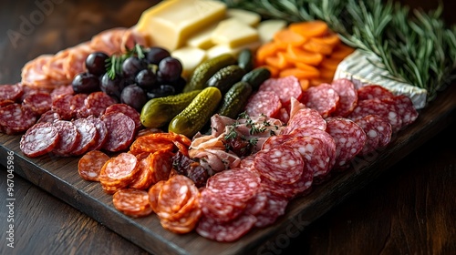 Gourmet Charcuterie Board with Cured Meats Artisan Cheeses and Pickles in Rustic Lighting