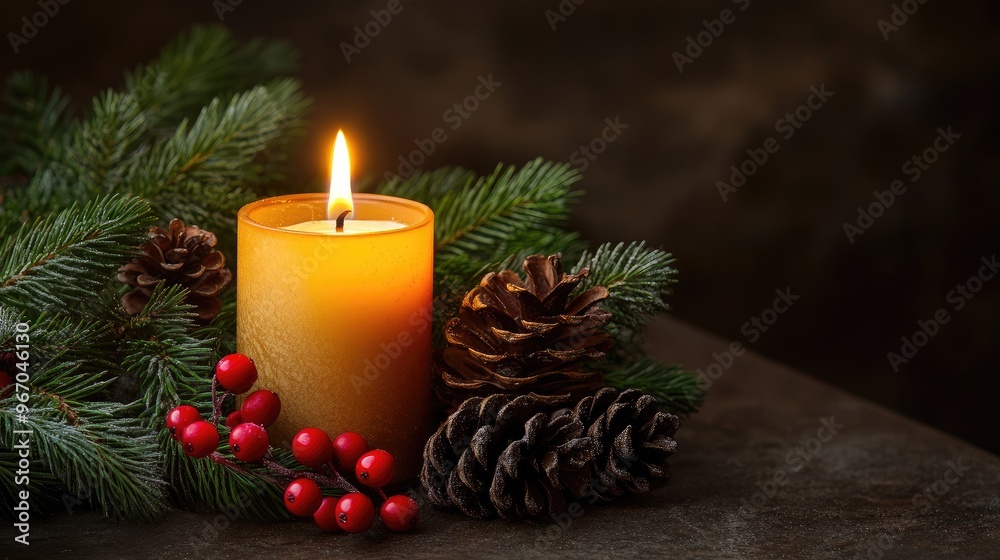 A lit candle with Christmas greenery, pine cones, and red berries, creating a warm, festive atmosphere. Focal point. No people. No logo. A lit candle with Christmas greenery, pine cones, and red berries, creating a warm, festive atmosphere. Focal point. No people. No logo.