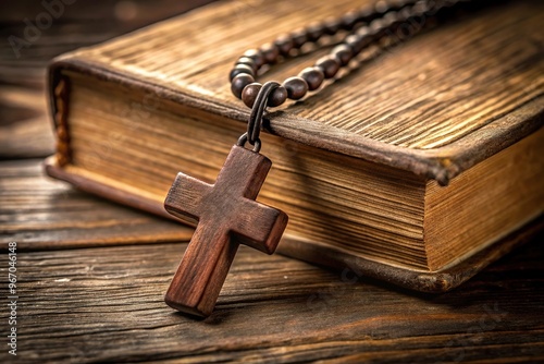 Vintage wooden Christian cross necklace next to holy bible at a tilted angle
