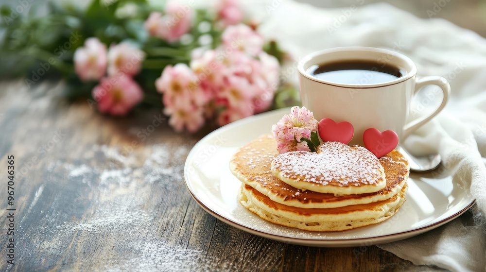 A romantic breakfast setting with a cup of coffee, heart-shaped pancakes, and flowers. Focus point. No people. No logo. A romantic breakfast setting with a cup of coffee, heart-shaped pancakes, and flowers. Focus point. No people. No logo.