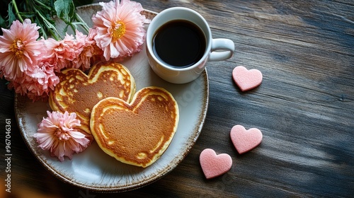 A romantic breakfast setting with a cup of coffee, heart-shaped pancakes, and flowers. Focus point. No people. No logo.