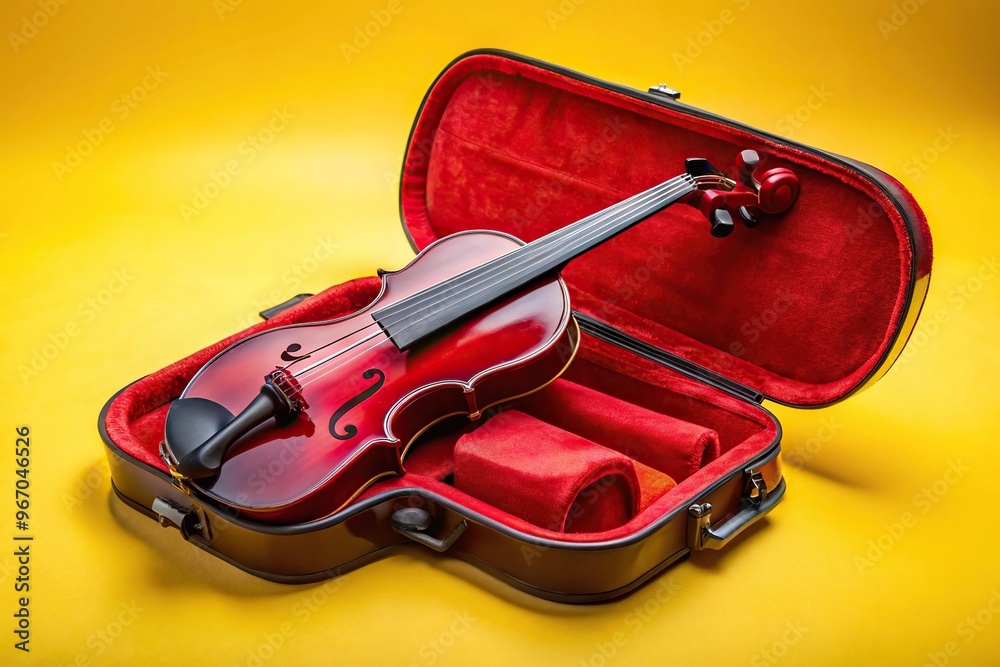 Obraz premium violin with red velvet case on yellow background with reflection low angle view