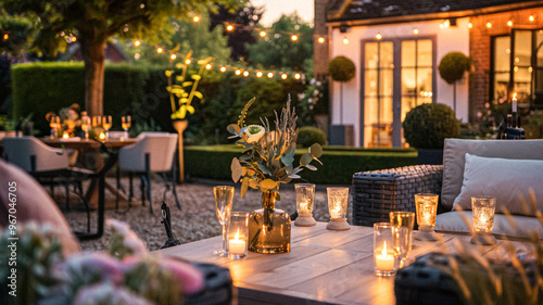 Summer party celebration in the garden, outdoor lounge and countryside house patio decor, English country cottage house design idea