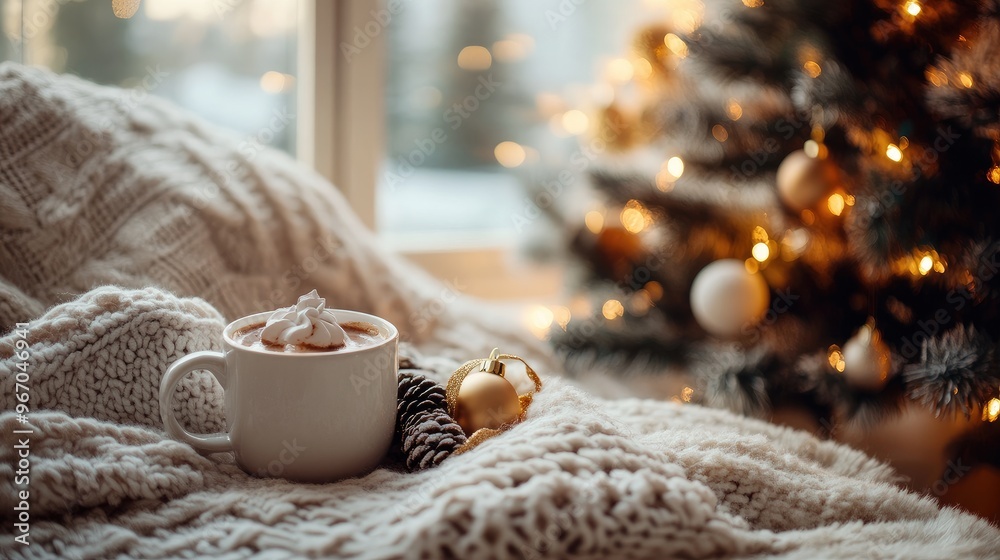A warm and cozy Christmas corner with a soft blanket, hot cocoa, and a decorated tree. Focal point. No people. No logo. A warm and cozy Christmas corner with a soft blanket, hot cocoa, and a decorated tree. Focal point. No people. No logo.