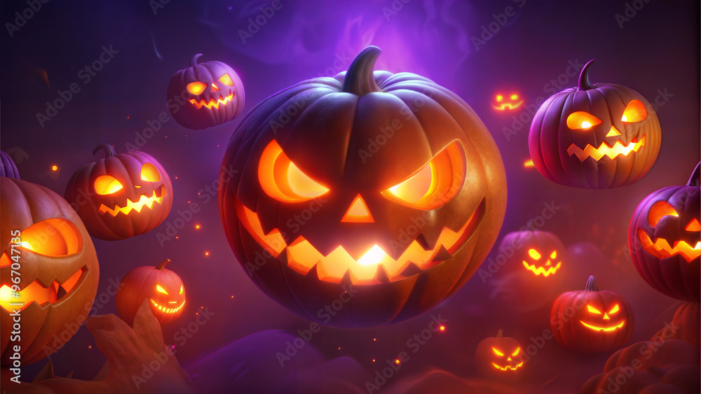 Spooky Halloween pumpkins, illuminated and menacing, with carved faces in a haunting purple glow Spooky Halloween pumpkins, illuminated and menacing, with carved faces in a haunting purple glow