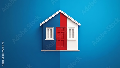 A dark blue house on one side and a red door on the other