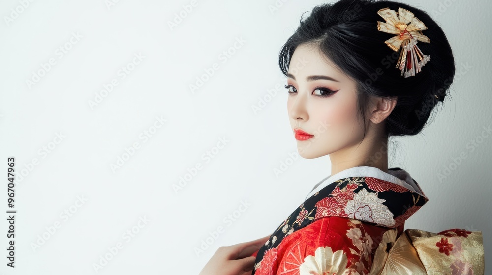 Woman in Traditional Japanese Kimono with Floral Patterns Woman in Traditional Japanese Kimono with Floral Patterns