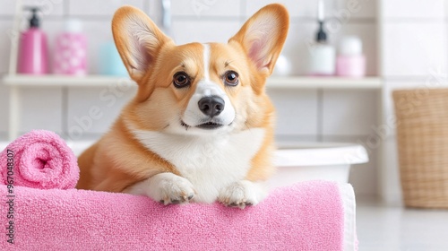 Adorable corgi relaxing on a pink towel in a cozy bathroom setting.