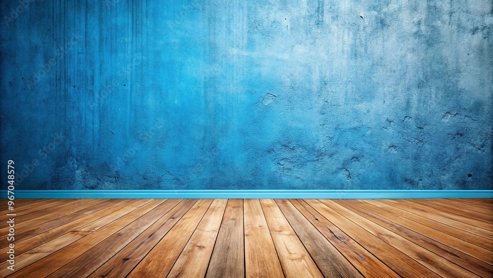 Wallpaper of blue concrete wall and wooden floor in foreground, forced perspective Wallpaper of blue concrete wall and wooden floor in foreground, forced perspective