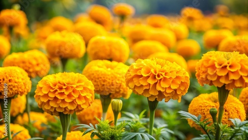 Vibrant golden marigold flowers spread their sunny brightness across the landscape, their delicate petals unfolding