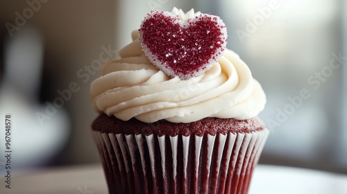 Close-up of a red velvet cupcake topped with a sugar heart and cream cheese frosting. Focus point. No people. No logo. photo