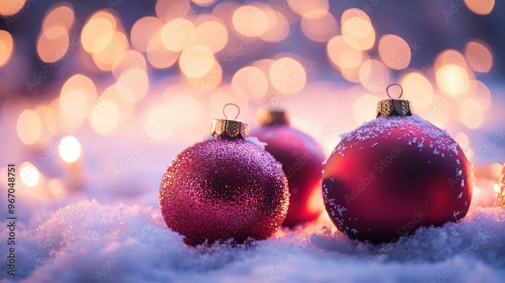 Close-up of handmade Christmas ornaments on a snowy surface, with a blurred background of lights. Focal point. No people. No logo. Close-up of handmade Christmas ornaments on a snowy surface, with a blurred background of lights. Focal point. No people. No logo.