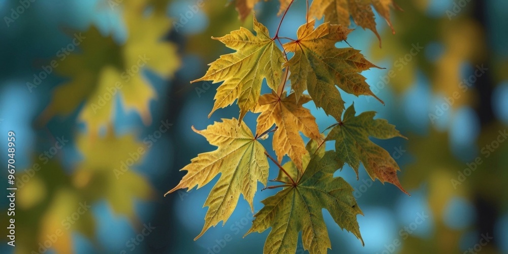 Blurred image of maple leaves on an autumn sunny day. Relaxing soft pale blue-green background. AI generated. Blurred image of maple leaves on an autumn sunny day. Relaxing soft pale blue-green background. AI generated.