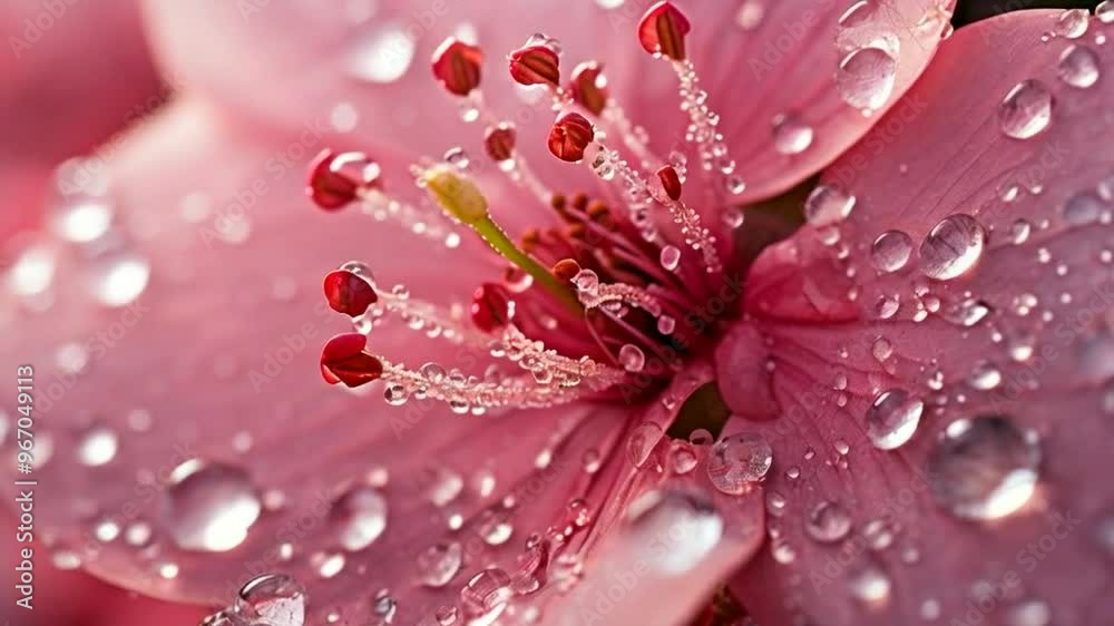Close-up of a pink flower with droplets, highlighting its delicate beauty. Close-up of a pink flower with droplets, highlighting its delicate beauty.