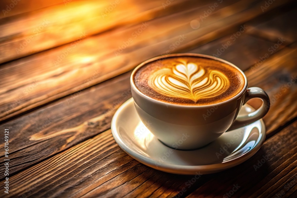 Warm cup of latte with artful froth on a wooden table with depth of field Warm cup of latte with artful froth on a wooden table with depth of field