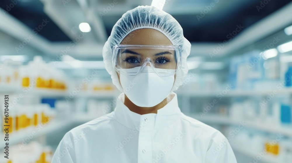 Woman in Lab Coat, Goggles, and Mask Looking at Camera Woman in Lab Coat, Goggles, and Mask Looking at Camera