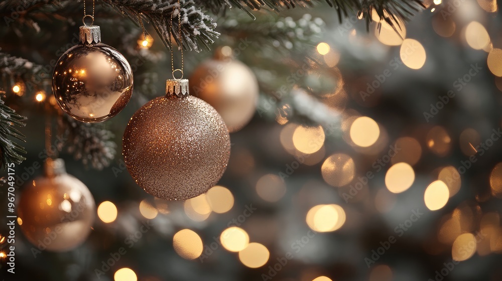 Close-up of sparkling ornaments hanging from a pine branch, with warm fairy lights in the background. Focal point. No people. No logo. Close-up of sparkling ornaments hanging from a pine branch, with warm fairy lights in the background. Focal point. No people. No logo.