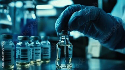 Gloved Hand Holding a Glass Vial with Liquid and Dropper