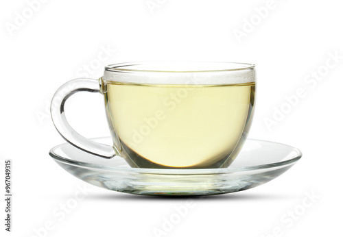 Green tea in glass cup on transparent background