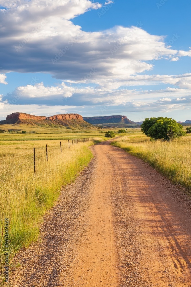 A serene dirt road winds through golden fields under a vast blue sky with distant mesas A serene dirt road winds through golden fields under a vast blue sky with distant mesas