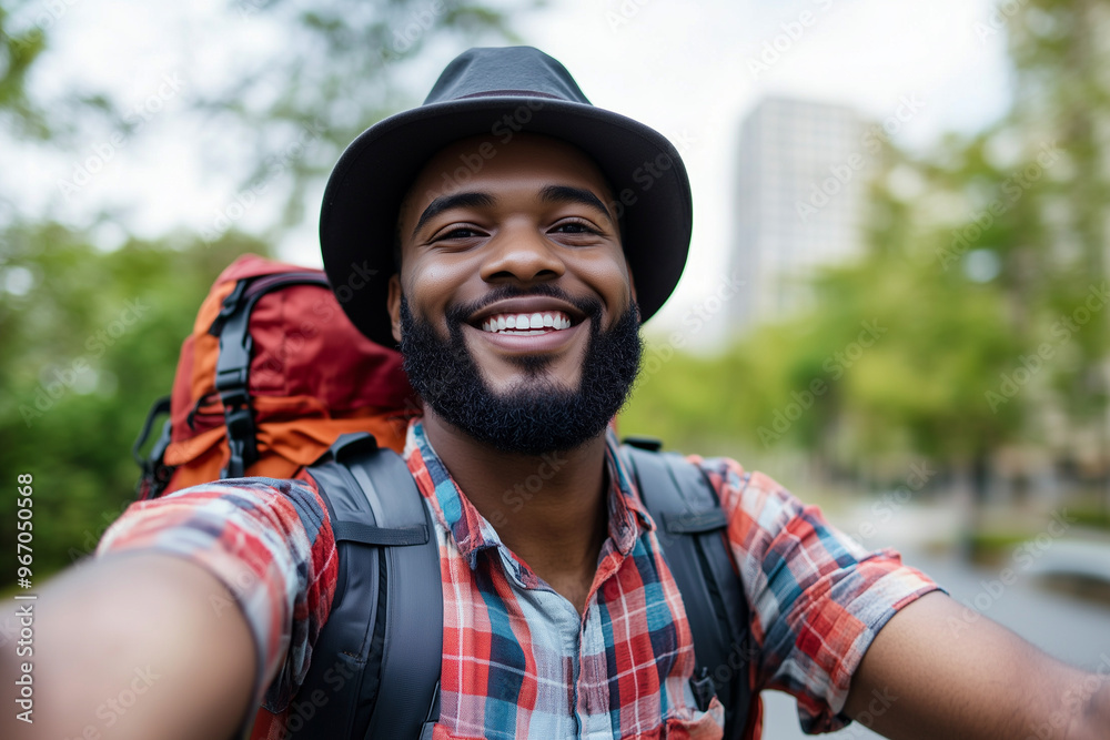 man with a beard and sunglasses is smiling and taking a selfie. He is wearing a brown hat and a backpack man with a beard and sunglasses is smiling and taking a selfie. He is wearing a brown hat and a backpack