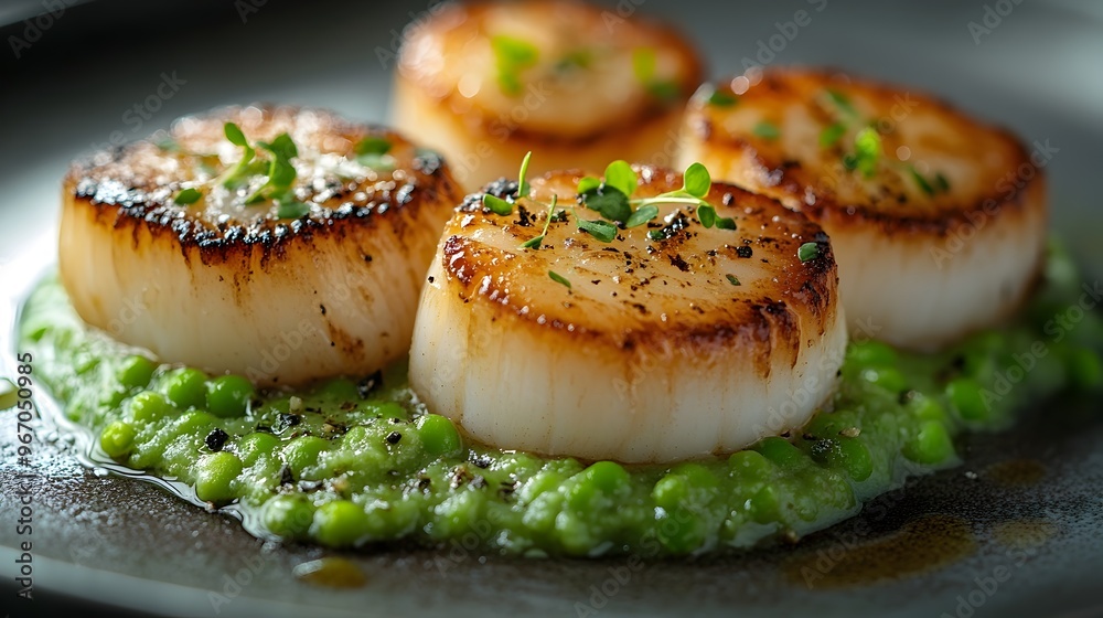 Beautifully Plated Seared Scallops with Pea Puree and Microgreens in Soft Backlighting Beautifully Plated Seared Scallops with Pea Puree and Microgreens in Soft Backlighting
