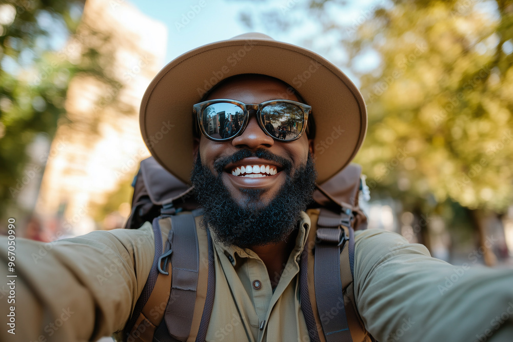 man with a beard and sunglasses is smiling and taking a selfie. He is wearing a brown hat and a backpack man with a beard and sunglasses is smiling and taking a selfie. He is wearing a brown hat and a backpack