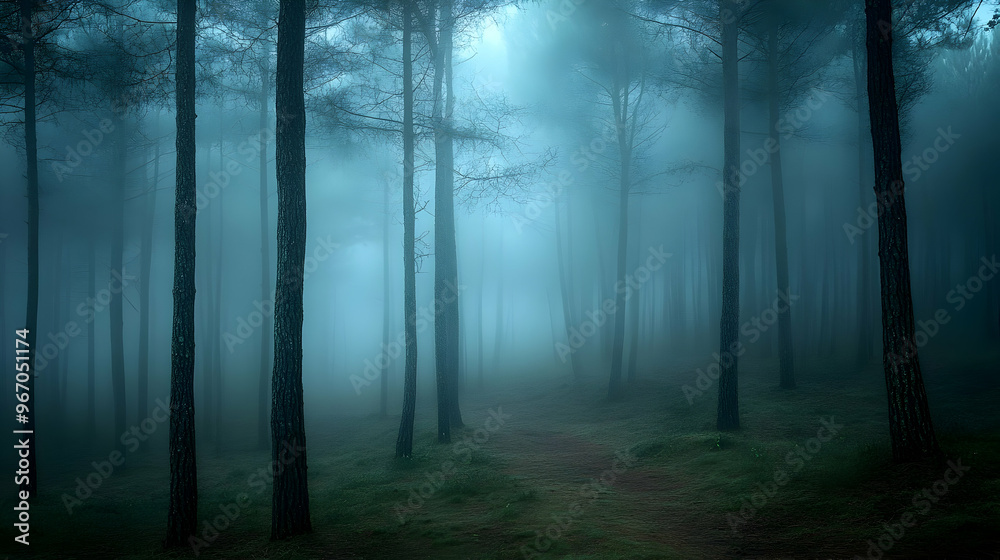 This is a picture of a foggy forest with tall trees. This is a picture of a foggy forest with tall trees.