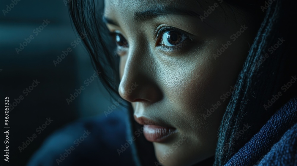 A Woman's Face in a Low-Light Setting, Focused on Her Eyes A Woman's Face in a Low-Light Setting, Focused on Her Eyes