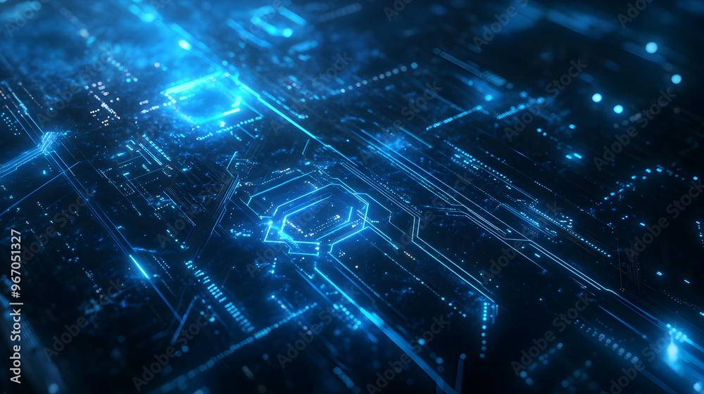 This is a picture of a digital circuit board with glowing blue lines and components This is a picture of a digital circuit board with glowing blue lines and components