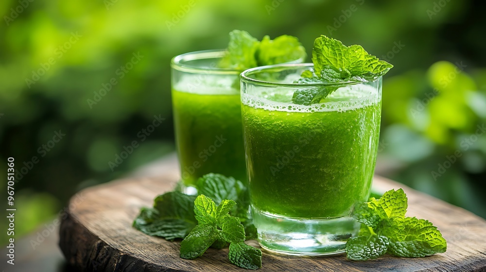 Two glasses of fresh green juice with mint leaves on a wooden surface and a green background. Two glasses of fresh green juice with mint leaves on a wooden surface and a green background.