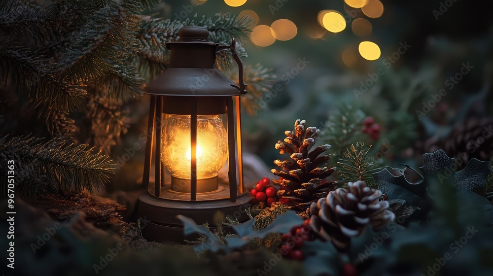 Rustic Christmas lantern glowing softly amidst pine cones and holly, creating a cozy ambiance. Focal point. No people. No logo. Rustic Christmas lantern glowing softly amidst pine cones and holly, creating a cozy ambiance. Focal point. No people. No logo.