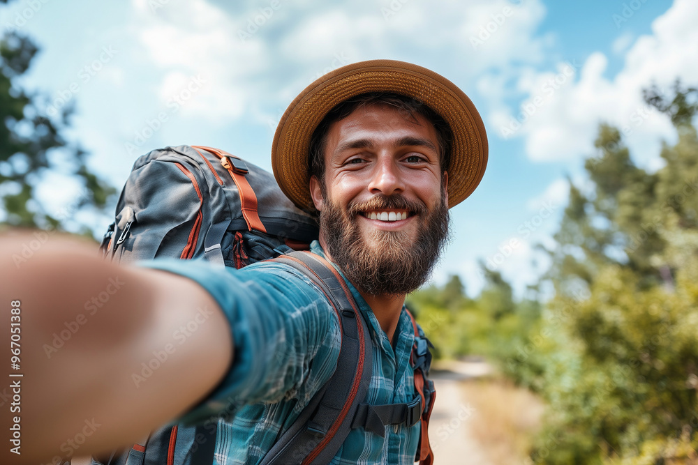 man with a beard and a hat is smiling and taking a selfie. He is wearing a backpack and a plaid shirt man with a beard and a hat is smiling and taking a selfie. He is wearing a backpack and a plaid shirt