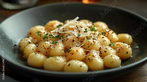 Gourmet Homemade Gnocchi in Creamy Truffle Sauce with Parmesan and Herbs under Moody Lighting