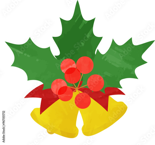 クリスマスのベルとヒイラギの水彩風手描きイラスト