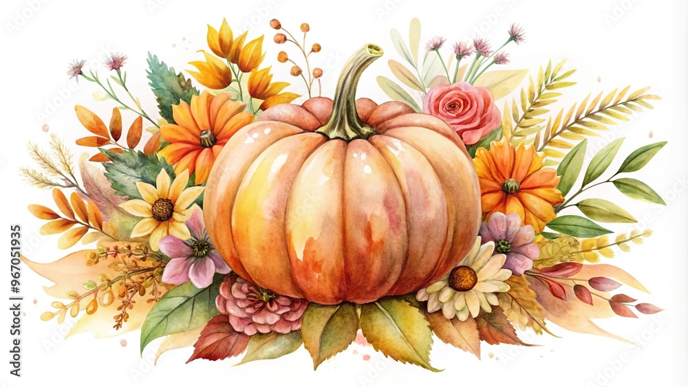 Watercolor autumn pumpkin with flowers and leaves Fall holiday decor Depth of Field Watercolor autumn pumpkin with flowers and leaves Fall holiday decor Depth of Field